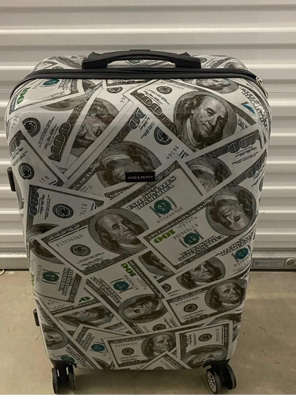 Jane & Berry Hard Shell  Suitcase in White/Green Money Print. 3 Piece Set.